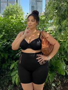 SHEIN CURVE+ 大码女式纯色紧身裤，黑色短裤，性感迷人 - 黑色 - 查看 6