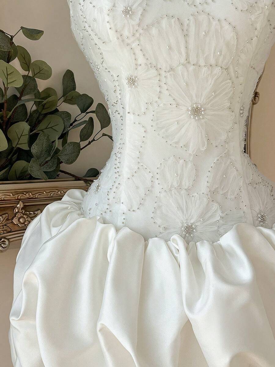 Lovelzi Elegant White Beaded Embroidery Strapless Mermaid Hem Luxurious Mini Dress For Bridal Shower Graduation Wedding Formal Party
