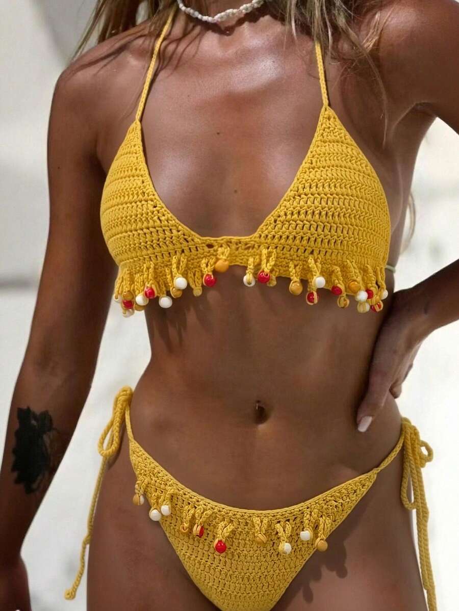 Swim Vcay 2pcs/Set Handmade Crochet Tassel Beaded Halter Bikini Set, Suitable For Spring/Summer Beach Vacation - Yellow - View 1