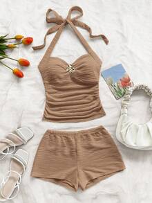 Soleia Damen Urlaubs-Strick-Textur V-Ausschnitt Floral Metall Dekor Träger Crop Top und Super Kurze Shorts 2 Stücke Set, geeignet für Party, Weihnachten, Date, Nachtclub, Strand, Kreuzfahrt, Nachmittagstee, Bohemian, Boho, Urlaub, Herbst - Khaki - Übersicht 3
