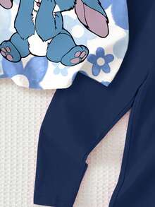 Baby Girl Summer Navy And White T-Shirt And Leggings Set,Cute Kawaii Cartoon Rabbit Lulu & Stitch Pattern,Gradient Floral Round Neck Casual Outfits - White - View 6