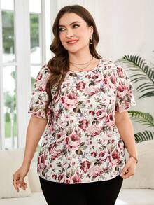 SHEIN Clasi Áo kiểu dáng thanh lịch cỡ lớn, cổ tròn, tay hai lớp, in họa tiết chấm bi hình học. - Nhiều màu - Xem 3