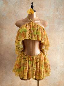 Mistrie 2026 Summer Bohemian Tropical Leopard Floral Print Halter Neck Off Shoulder Ruffle Hem Short Flowy Chiffon Mini Dress Women Beach Vacation Holiday - Multicolor - View 4