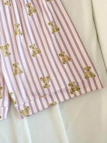 SHEIN 少女可爱小熊印花粉色条纹图案休闲舒适短袖短裤两件套睡衣，阻燃 - 粉色 - 查看 5