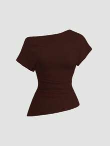 Sweetra Women's New Fashion Versatile Solid Color Asymmetric Shoulder Fitted Top + Long Pants 2 Pieces Set - Mocha Brown - View 4