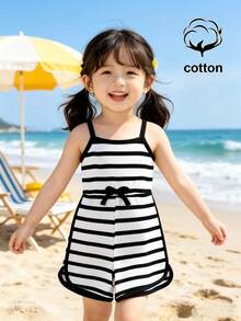 SHEIN Elladie kids 女童夏季新款極簡運動風白色條紋抽繩拼接色無袖連身褲，蝴蝶結腰飾休閒運動連身短褲 - 黑與白 - 查看 5
