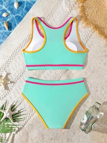 SHEIN Multi-Color (Green, Magenta, Orange) Patchwork Sporty Swimwear Set, Suitable For Teen GirlSummer Beach Vacation, Swimming Party - Multicolor - View 2