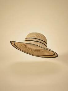 Travachic 1 Straw Hat + 1 Straw Bag, Vacation Casual - Khaki Wide Stripe - View 2