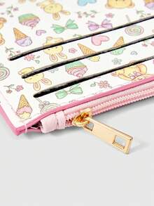 ROMWE Kawaii Ví đựng thẻ in hình gấu kem dễ thương, ví da PU siêu mỏng có khóa kéo và kẹp thẻ, ví đựng tiền lẻ in hình hoạt hình. - trắng - Xem 4