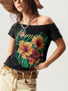 Bohemela Women's Off-Shoulder Floral Print Casual Versatile Daily Wear T-Shirt - Black - View 8