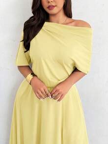 Firerie Plus Size Women's Summer Casual Everyday Commute Vacation Style Solid Color Asymmetric Neck Cinched Waist Dress - Light Yellow - View 3