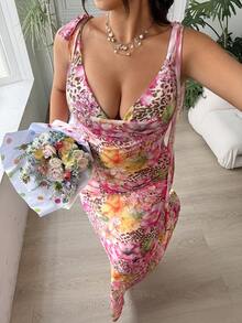 SHEIN EZwear 豹纹和花卉印花休闲长连衣裙，适合大码女性 - 彩色 - View 7