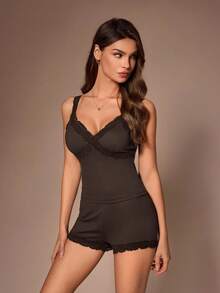 Lazeform Minimalist American Style Lace Trim V-Neck Camisole And Shorts 2-Piece Pajama Set, Solid Color - Chocolate Brown - View 7