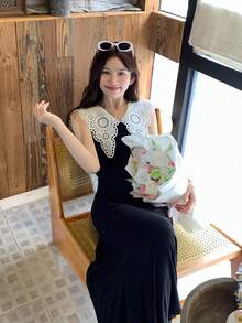 DAZY 女款對比色韓式荷葉邊下擺無袖優雅連身裙 夏季陽光裙 - 黑與白 - 查看 1