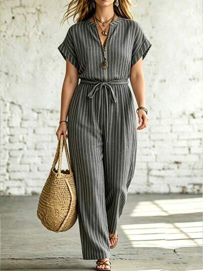 EMERY ROSE Large-Sized Woven Striped Vacation Casual Women's Jumpsuit
