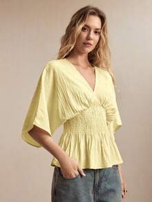 BizChic V-Neck Waist-Cinching Top, Business Formal, Vacation Style, Slouchy, Commute, Date, Daily, Vacation, Office, Independence Day, Graduation Season, Music Festival, Slimming, Elegant, Versatile, Summer, Party, Wedding Guest, Outing, Beach, Gathering, Social, Holiday, Shopping, Afternoon Tea, Travel, Minimalist - Yellow - View 1