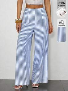 Pantalones de pierna ancha de textura de cintura alta, de estilo casual y sencillo, apropiados para ir a la escuela o para ir y venir al trabajo - Azul - Ver 10