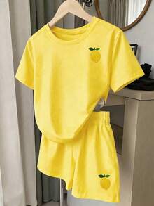 2pcs/Set Teenage Girls Summer Fruit Print Round Neck Short Sleeve T-Shirt+Shorts,Streetwear Holiday Soft Yellow Fashionable Casual Sweet Resort Suit - Yellow - View 6