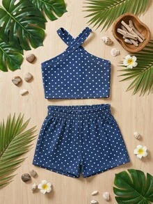 SHEIN 小女孩波点露背上衣和短裤休闲日常穿搭 - 藏蓝色 - 查看 6