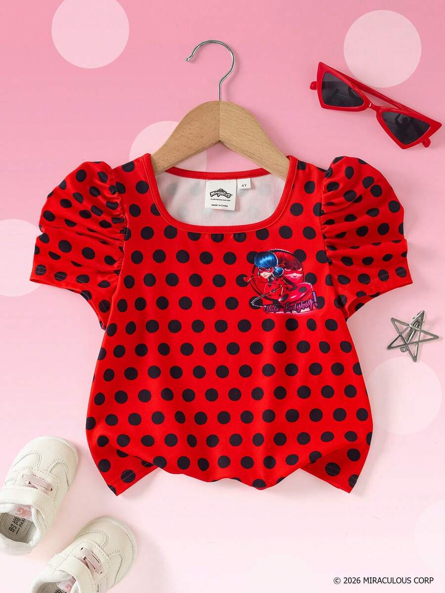 Miraculous Ladybug X SHEIN Cartoon Character Polka Dot Print Square Neck Casual T-Shirt For Young Girl - Red - View 1