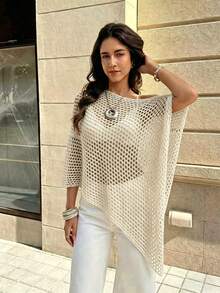 SHEIN Holidaya Solid Color Asymmetric Hem Hollow See-Through Pullover Sweater - Apricot - View 4