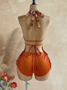 Soleia Neue Urlaubs-Strickjumpsuit mit strukturierter Ausschnitt-Zugkordel, bohemian, boho, romantisch floral, geeignet für Party, Date, Valentinstag, Ostern, Karneval, Nachmittagstee, Strand, Kreuzfahrt, Stadturlaub - Orange - Übersicht 2