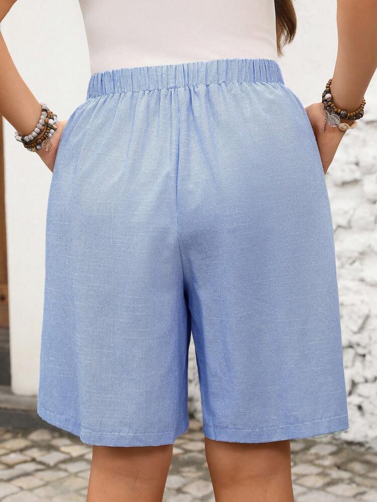 Plus Size Women Summer Casual Vacation Striped Print Drawstring Waist Side Pockets Loose Shorts