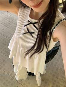 DAZY 女款圓領百褶手風琴褶韓風蝴蝶結無袖上衣與裙子兩件套，純色 - 白色 - 查看 4