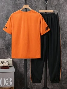 SHEIN 2pcs Teen Boys' Orange Summer Streetwear Beach Knit Suit Set,Casual Comfortable Printed Round Neck Short Sleeve T-Shirt And Straight Leg Pants - Orange - View 2