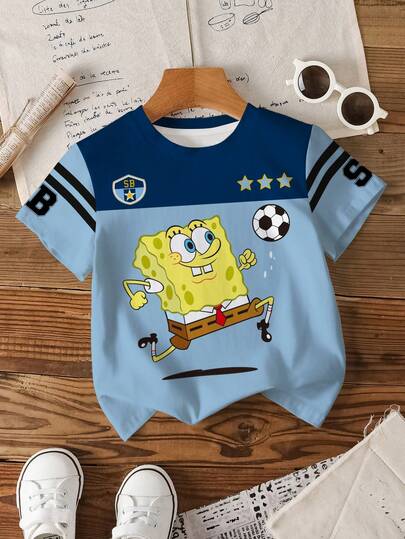 SpongeBob SquarePants | SHEIN 男童撞色圆领短袖可爱印花休闲T恤，夏季