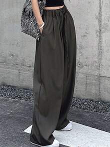 DAZY Women's Solid Color Drawstring Waist Wide-Leg Casual Pants - Grey - View 3