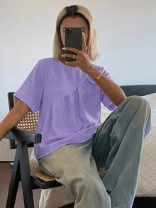 DAZY 女士纯色宽松短袖圆领褶皱休闲度假夏季上衣 - 紫色 - 查看 5
