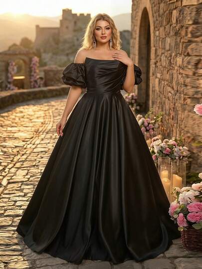 Glamrae Plus Size Black Satin Minimalist Elegant Detachable Sleeve Gothic Style Wedding Dress, Heavily Embellished Evening Gown