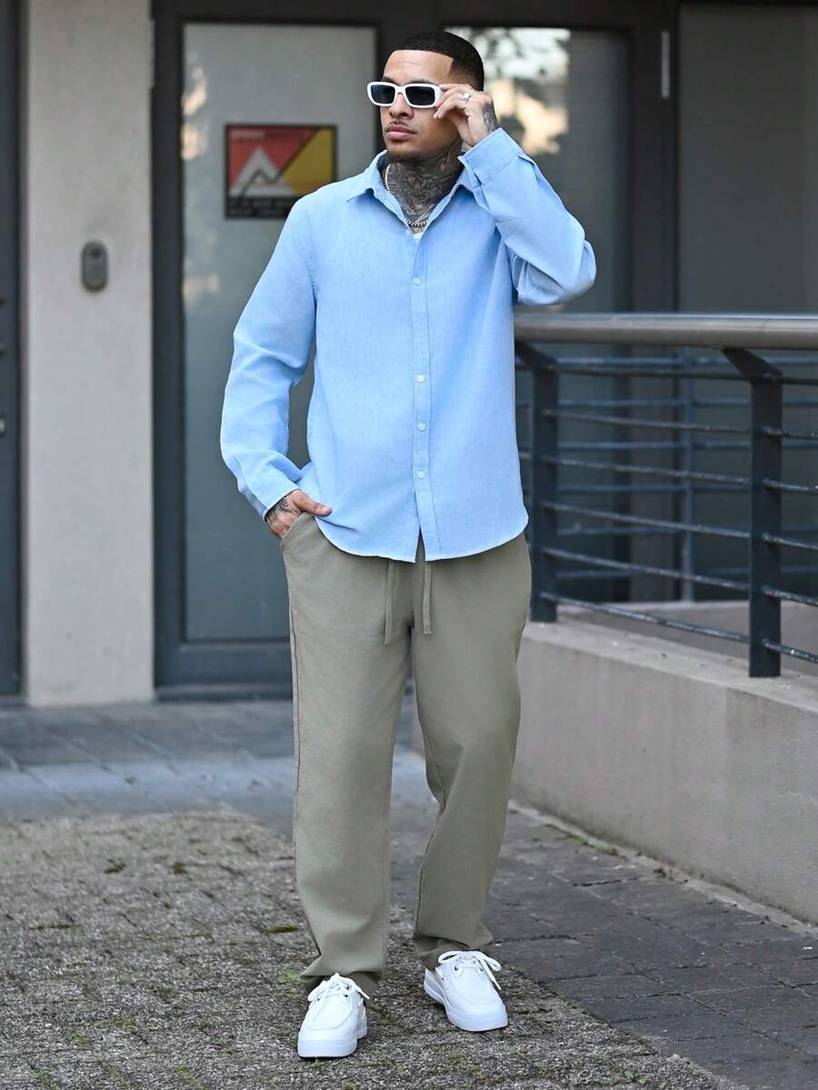 Devon Thys 男士纯色休闲亚麻长袖衬衫 - 淺藍色 - 查看 1