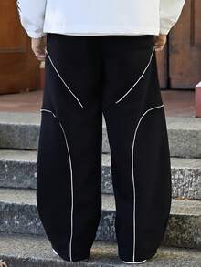Devon Thys 男士撞色绑带抽绳口袋宽松休闲运动裤，外出长街穿着超大号拼色运动裤，适合丈夫、男朋友的礼物 - 黑色 - 查看 2
