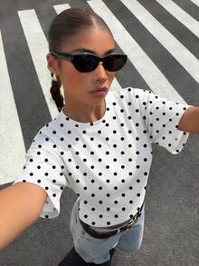 Muchica 女款白色黑波點復古T恤，時尚復古Y2K風格夏季上衣，適合夏季早午餐，甜美軟妹可愛休閒極簡風T恤 - 彩色 - 查看 6