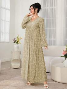 Al Najma Gaun Gaya Arab Model A-Line Lengan Panjang Berkerah V dengan Motif Retro Terbaru dan Pinggang Tinggi - Khaki - View 3