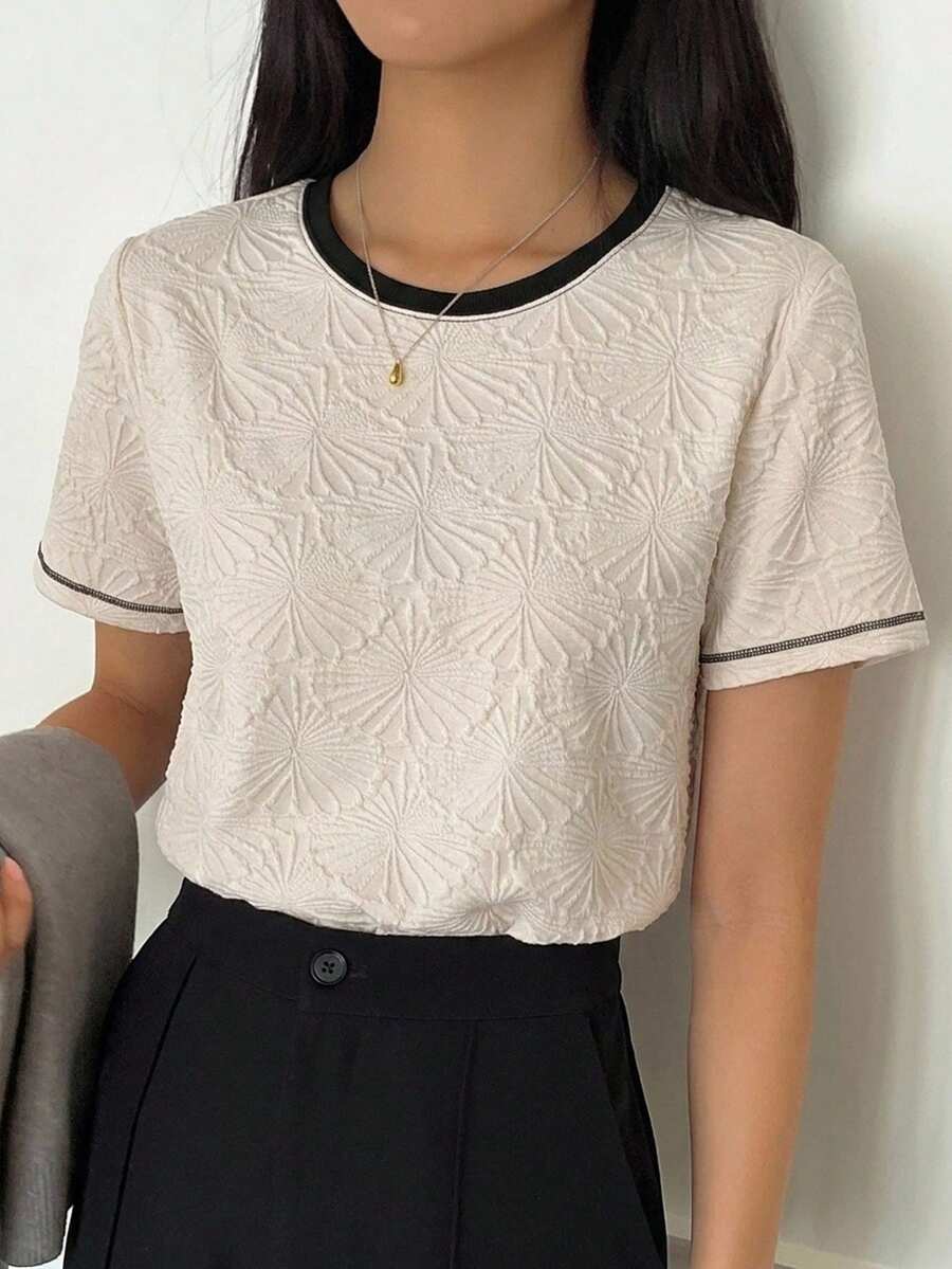 DAZY Color Block Texture Round Neck Loose Short Sleeve Women T-Shirt Summer - Apricot - View 1