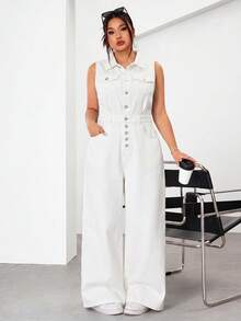 SHEIN EZwear 大码女式纽扣前开襟休闲口袋无袖阔腿牛仔连体裤 - 白色 - 查看 1