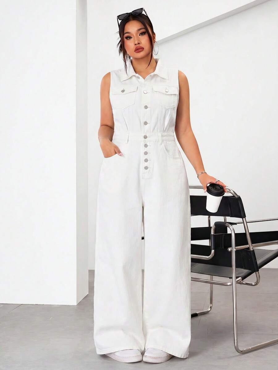 SHEIN EZwear 大码女式纽扣前开襟休闲口袋无袖阔腿牛仔连体裤 - 白色 - 查看 1