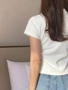 DAZY Women's Round Neck Solid Color Basic White Short Sleeve T-Shirt, Spring/Summer - White - View 3