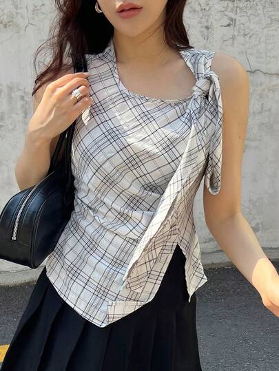 DAZY Áo vest mỏng nữ mùa hè kiểu dáng công sở, họa tiết kẻ caro thắt nút.