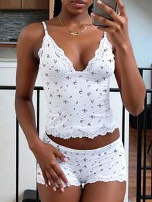 INAWLY Women's Lace Patchwork Camisole And Shorts Casual 2 Pieces Set - Multicolor - View 2
