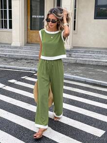 Serisse Women's Summer Casual Vacation & Commute Contrast Trim Cropped Tank Top And Wide Leg Pants 2 Pieces Set - Green - View 4