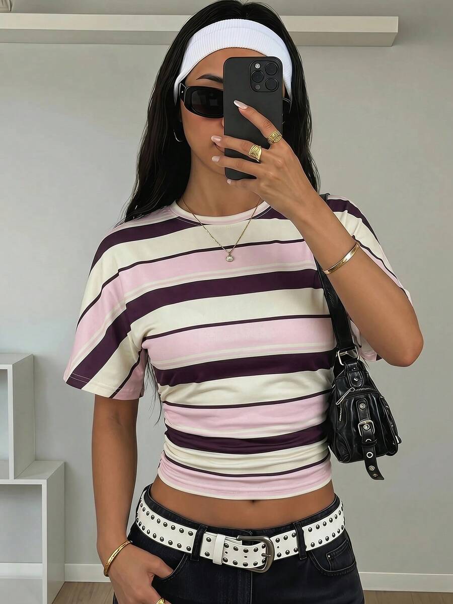 SHEIN Áo thun nữ tuổi teen màu trắng dệt kim, eo nhún, cổ tròn, tay ngắn, dáng croptop, kiểu dáng thường ngày. - Nhiều màu - Xem 1