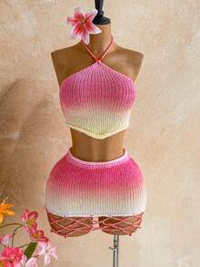 Soleia 女款度假休閒掛脖背心上衣 & 迷你裙毛衣 2件套 - 彩色 - 查看 3