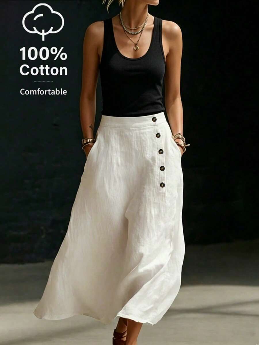 SHEIN Holidaya Women's Summer Chic Classy White Linen A-Line Skirt,Casual Loose Relaxed Fit With Pockets,Side Button Decor,Asymmetric Hem Elegant Vacation Holiday