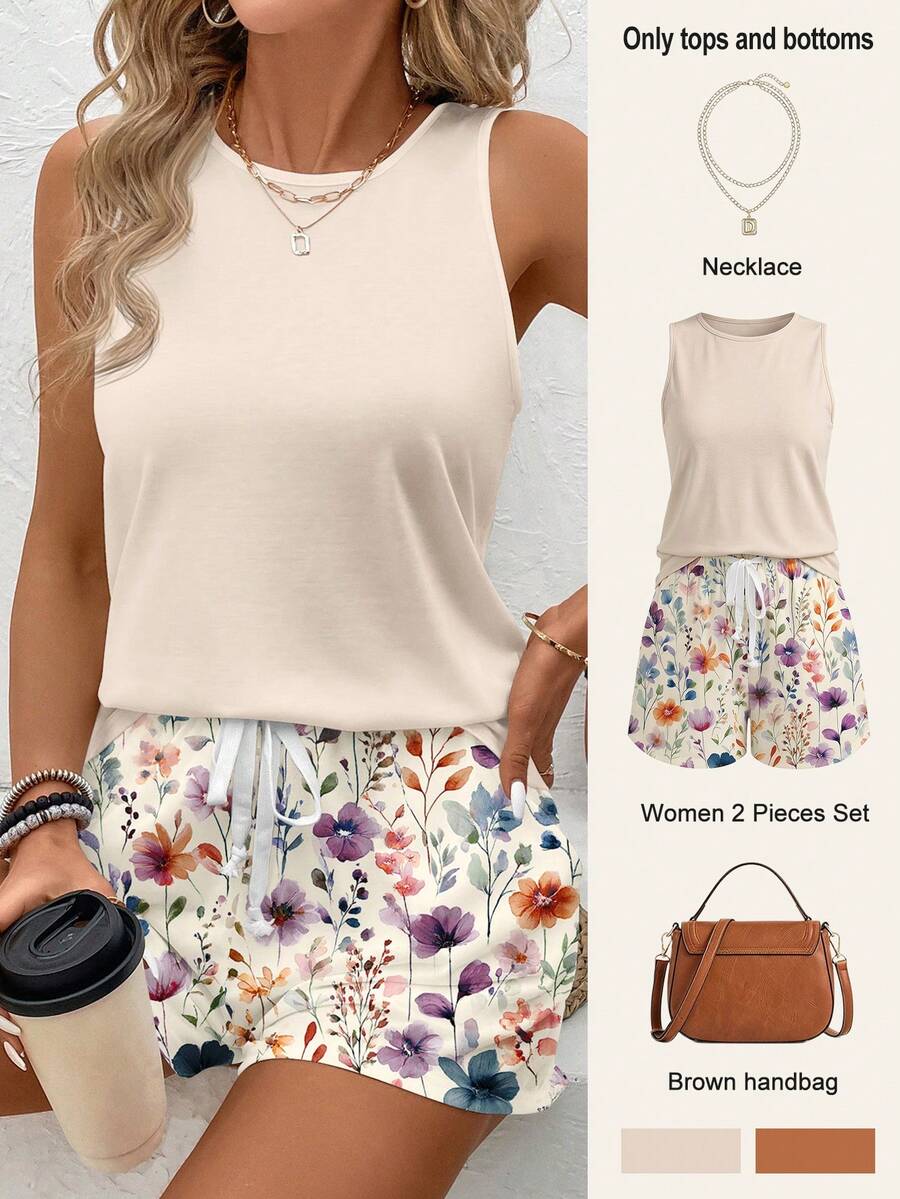 SHEIN LUNE Women's Casual Round Neck Tank Top And Shorts 2 Pieces Set, Suitable For Summer - Multicolor - View 1