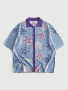 ROMWE MEN Street Life Camisa de punto de manga corta con botones y estampado de criaturas marinas en colores contrastantes para hombre - Multicolor - Ver 1