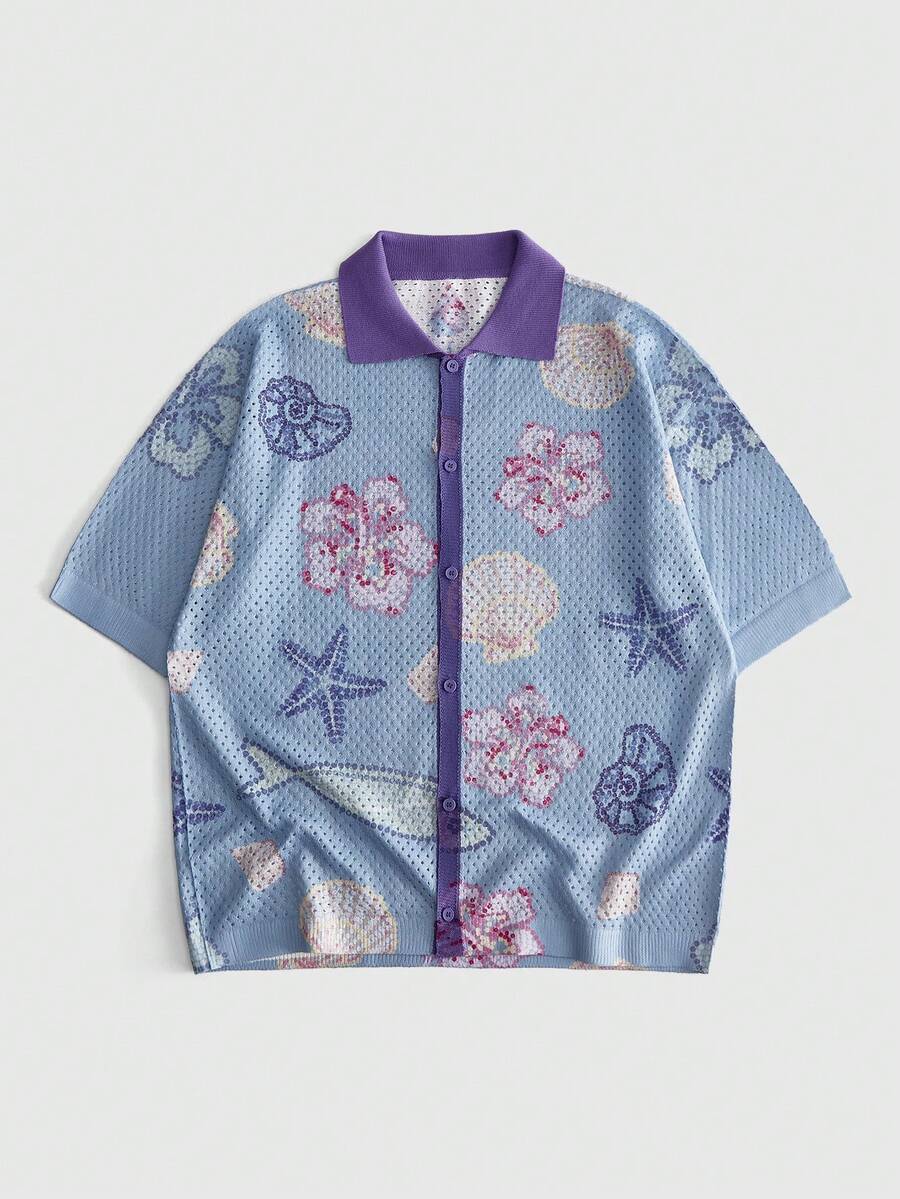 ROMWE MEN Street Life Camisa de punto de manga corta con botones y estampado de criaturas marinas en colores contrastantes para hombre - Multicolor - Ver 1